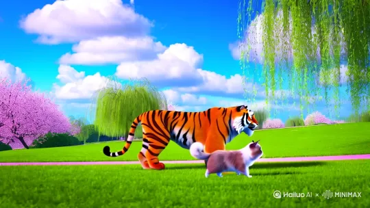 布偶猫与老虎一起逛公园，公园环境很好，蓝天白云，绿地桃红柳绿。 by Hailuo AI Video Generator