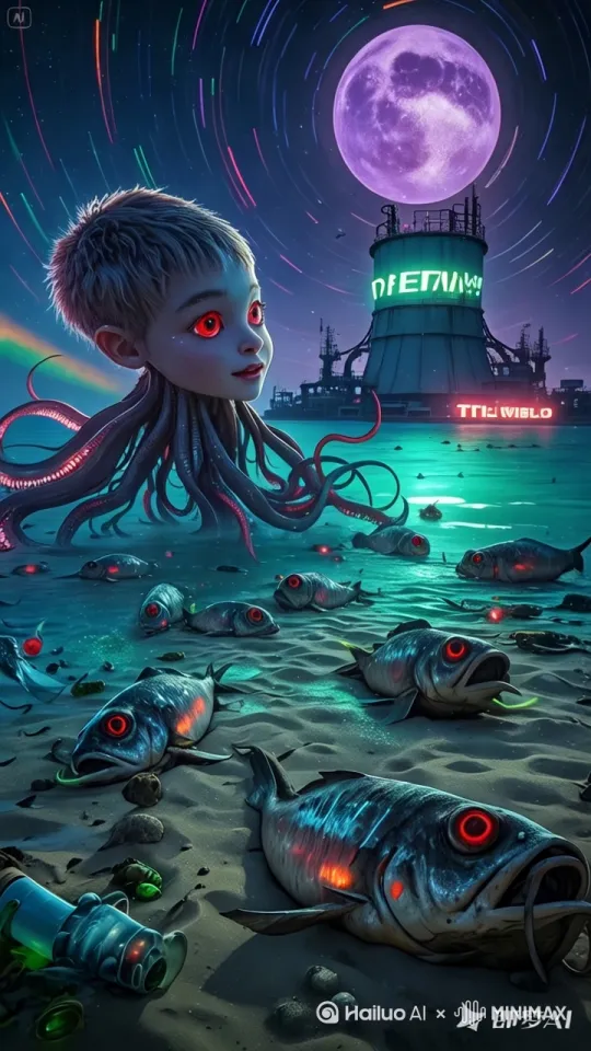 广角夜景镜头展现荧光蓝色的沙滩上堆积着数以万计的腐烂鱼尸，变异鱼群的眼球泛着不自然的红光，远处海平线悬浮着巨大的核废水处理厂霓虹灯牌，冷紫色月光穿透油污形成的彩虹膜，末日科幻风格，高细节渲染孩童面部皮肤的反光与沙粒质感，动态模糊捕捉裹挟塑料瓶的波浪运动轨迹，低角度构图突出变异章鱼触须从海底伸出，长曝光星轨与无人机残骸的红绿信号灯在夜空中交织，海底裂缝透出诡异的幽绿色辐射光[左移,上升] by Hailuo AI Video Generator
