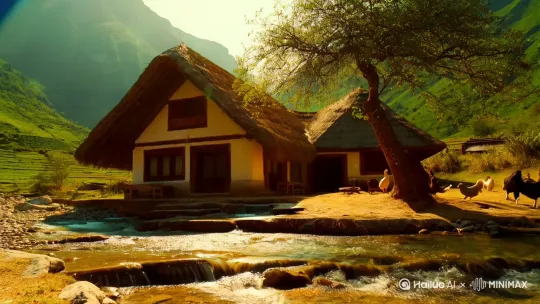 在遥远的小山村，一座古老的三间草屋，屋前一条从山上流出的小溪，院子里一株枝繁叶茂的大树，树木下鸡猫狗欢，阳光明媚。屋后连绵绵的青山。我一个人坐在院里的大村喝茶🍵。 by Hailuo AI Video Generator