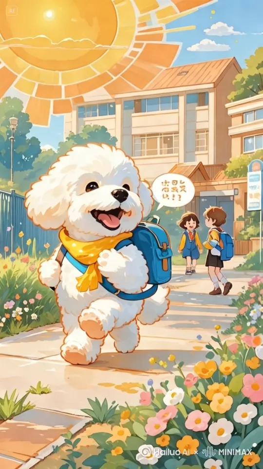这是就是小狗把头转到前面去。[推出,上升,下摇]后开心的回家了，一步一步往前走。 by Hailuo AI Video Generator