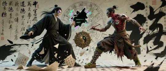 [左移,推进,右摇]弹幕飞，字体在流动，碎片飞舞，两个人物将手放下。 by Hailuo AI Video Generator