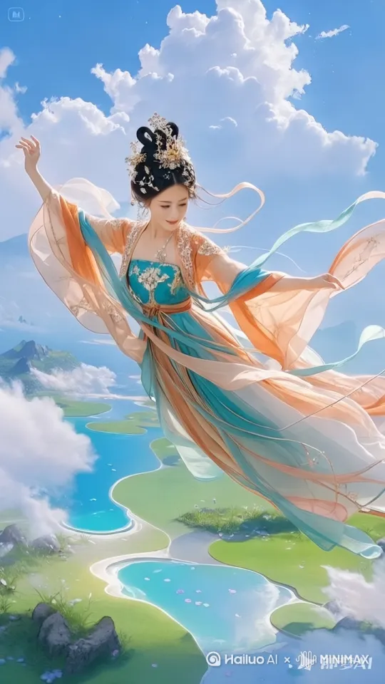 图中美女向前飞行，快速向前飞行，飞行的动作优雅好看，镜头随人物移动 by Hailuo AI Video Generator