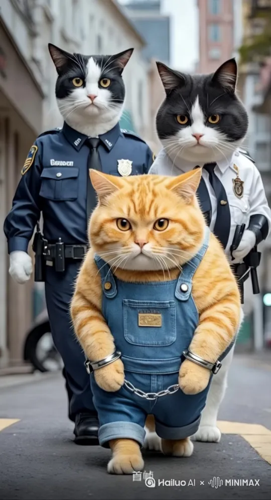 拟人化的胖波斯猫猫，大脸，圆身材，胖墩墩的，穿着背带牛仔裤，“落网”，被黑白两只高大拟人“警猫”押解。两只“警猫”穿着警服，胖橘猫被带上手铐，行走在街上 by Hailuo AI Video Generator