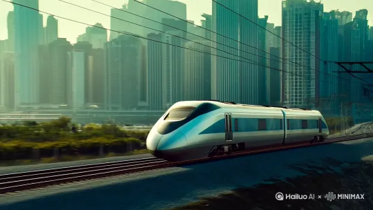一列高速列车从城市建筑中快速经过，背景是城市建筑，列车很快消失在城市远方，写实风格[左移,变焦推进,拉远][右移,变焦拉远,跟随] by Hailuo AI Video Generator