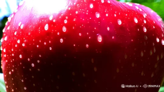 红苹果渐渐枯萎。黄色毛毛虫继续向前，一滴露水落下来，砸在它的头上，在叶子上形成一个小水池，它欢快地洗了个澡，水花四溅。[左移,上升] by Hailuo AI Video Generator