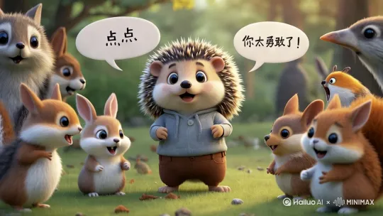 中景	平视	拉	小动物们围在穿着灰色上衣和棕色裤子的小刺猬点点身边，七嘴八舌地夸赞小刺猬 by Hailuo AI Video Generator