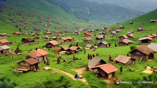 在一个遥远的大山深处，航拍推进然后左环移，那里住着几十户人家，在这里繁衍生息，放大焦距缓慢右环移，他们靠最传统的农耕生存，日出而作日落而息，光线由白天到黑夜再到白天，慢慢向后右聚焦，这样的生活日复一日，年复一年。突然有一天有个货郎挑着两担货来到了这个小山村，左聚焦，他带来了小孩喜欢吃的糖，推进，洗衣粉，洗了还留香味的洗发水，还有做衣服的布料等等都是这里没有且新奇的东西，一群山农还有小孩围着货郎羞涩的表情渴望的眼神儿，聚焦拍山农和小孩儿，然后左环移。从此，晃动，这里不再平静…… by Hailuo AI Video Generator