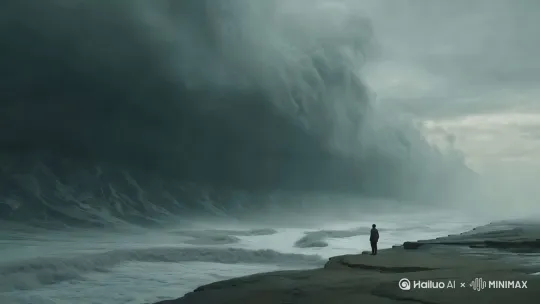 镜头慢慢推向图中人站立的地方，图中的水在上涨 by Hailuo AI Video Generator