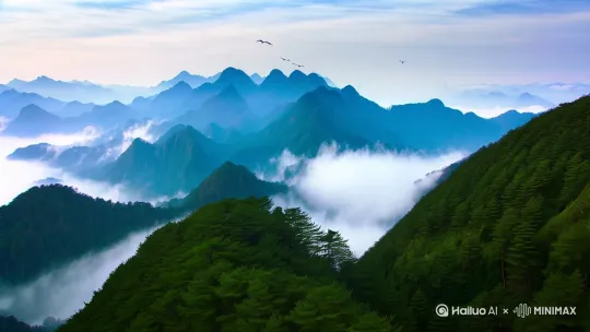 巍峨泰山全景，青黛色层叠山脉，流动云海淹没山腰，雾霭中若隐若现的松林，米芾风格水墨笔触，青绿山水设色，飞鸟成V字形掠过[推进]，--style traditional_chinese --niji 5 by Hailuo AI Video Generator