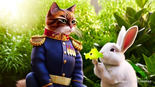 一个穿军装的猫咪，喂养一只可爱的兔子 by Hailuo AI Video Generator