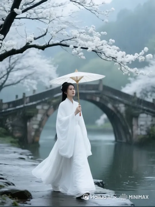 [右移,跟随]一位撑伞的女子在雨中漫前行步 by Hailuo AI Video Generator
