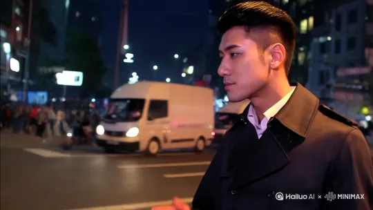 [左移,右摇,跟随]一个男人抽着烟穿着黑色风衣走在夜晚的街道上，来往的车辆和行人从他身后经过[左移,跟随] by Hailuo AI Video Generator