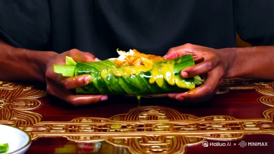 科比布莱恩在吃着老北京鸡肉卷，里面流出来许多沙拉酱。 by Hailuo AI Video Generator