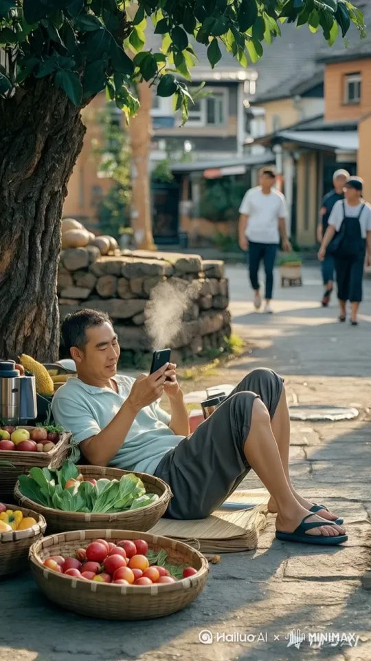 男人正在玩手机，突然树顶摇晃，一个丰满的美女掉下来，男人惊喜的跳起来，尘土飞扬 by Hailuo AI Video Generator