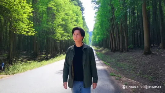 男人走在两边都是原始森林的公路上 by Hailuo AI Video Generator