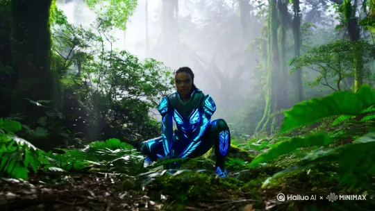 一名外星人战士，在树林子里面，准备埋伏敌人 by Hailuo AI Video Generator