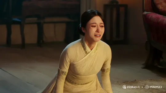 女人哭着跪下来，镜头缓缓推进女人的眼睛，随着微表情变化 by Hailuo AI Video Generator