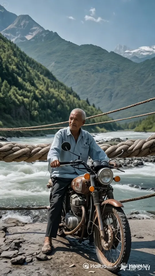 大师运镜，超现实主义制作，镜头动态跟随大爷，以大爷为画面中心中心，大爷把摩托车背到肩上。踩着绳索快速的向对岸跑去，动作熟练。 by Hailuo AI Video Generator