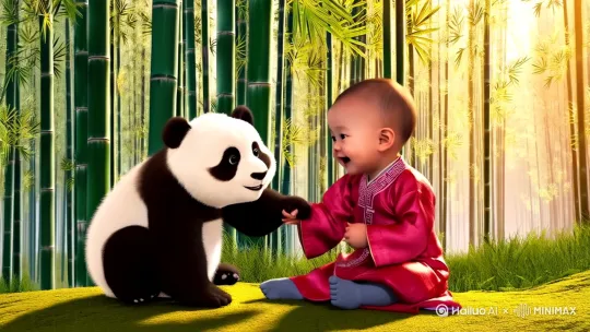 你是一个制作短视频的专家。请为我制作一个婴儿与大熊猫幼仔玩耍的短视频，要求画面栩栩如生，逼真动人，国画风格不超过500字。[推进,跟随] by Hailuo AI Video Generator