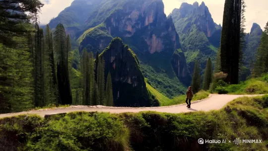 6 全景 15s 一个人在一条蜿蜒的山间小路上坚定地前行，路两旁风景各异。 旁白：“走好自己的路，意味着不盲目模仿他人，而是根据自身的特点和能力，探索出属于自己的人生轨迹。” 激昂的背景音乐，夹杂着风声 山间小路 by Hailuo AI Video Generator