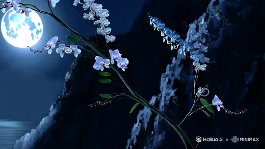 - 光影：冷月悬于峭壁，银辉勾勒兰瓣半透明质感  
   - 动态：夜风掠过时花枝轻晃，地面投影如水墨晕染  
   - 细节：蛾翅掠过花蕊的0.5秒定格，鳞粉与月光共舞 by Hailuo AI Video Generator
