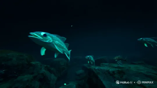 在深海里，第一视角，看奇奇怪怪海底生物，突然间出现巨物 by Hailuo AI Video Generator