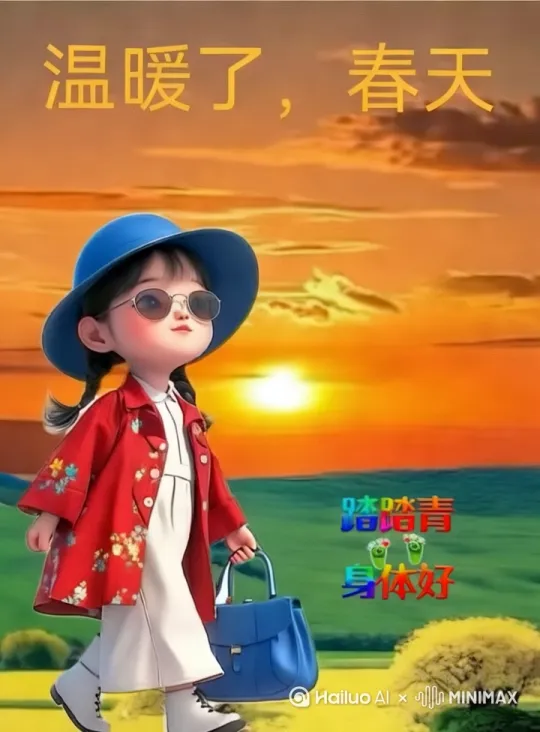 这张图片展示了一个小女孩穿着红色的外套和白色的裙子，头戴蓝色帽子，手提蓝色包包，正在走路。背景是一片温暖的夕阳景色，天空中写着“温暖了，春天”的字样，传达出春天的温暖和美好。此外，右下角还有“咪咪青 蹦蹦跳 身体好”的字样，配有可爱的脚印图案，给人一种活泼、健康的感觉。 by Hailuo AI Video Generator
