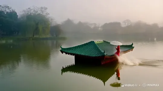镜头跟随动态追踪，细雨绵绵的江南湖面，朦胧间，一位身着旗袍、手持油纸伞的美女背影，如蜻蜓点水般在水面飞速向岸边飞行[推进,上升]，轻盈落于青色瓦片屋顶，随后缓缓回头，嫣然一笑。 by Hailuo AI Video Generator