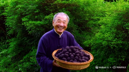 绿色树丛后面一位中国老伯站起来，手捧一篮黑松露，笑嘻嘻地对着镜头 by Hailuo AI Video Generator