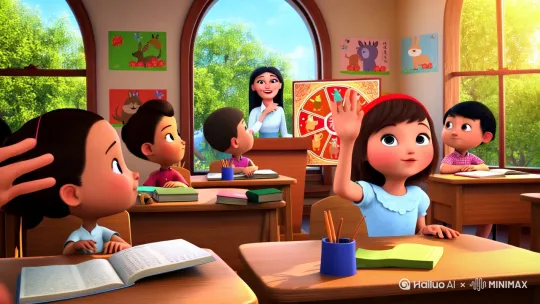 Page 1 Description:
The scene is set in a warm, cozy classroom filled with sunlight streaming through large windows. The walls are decorated with colorful posters of animals, and the wooden desks are neat, with pencils and books scattered across them. At the front of the room, Mrs. Zhang stands, animatedly explaining something to the class. She is smiling, holding a picture of the Chinese Zodiac, pointing to a chart that features all twelve animals in a circular pattern. The students, including Lily, sit attentively at their desks, their eyes wide with curiosity. Lily is a young girl with short brown hair, wearing a light blue dress and a red hairband. She sits at the front, her hand raised as she listens intently. Her face is full of wonder as she looks at the pictures of the animals on the chart. The room is bright and inviting, filled with an air of discovery. Outside the window, a glimpse of the green trees and a bright sky suggest the peaceful world beyond. The classroom is a place of learning, but Lily’s attention is fully captured by the mysterious concept of the Zodiac and the idea that she is a Rabbit.
o3-mini
您说：
缩成150词
ChatGPT 说：
已推理，持续 几秒
Page 1 Description:
In a bright, cozy classroom, sunlight pours through large windows, casting a warm glow over the wooden desks filled with books and pencils. Mrs. Zhang stands at the front, holding a chart of the Chinese Zodiac, explaining the twelve animals to the class. Lily, a young girl with short brown hair and a light blue dress, sits at the front, her hand raised in curiosity. She gazes in wonder at the Zodiac chart, which displays all twelve animals in a circular pattern. Her face is filled with excitement as she learns about the animals, especially the Rabbit, which represents her birth year. The room is lively and colorful, with posters of animals on the walls. Outside the window, the sun shines brightly on the green trees, hinting at the magical world that awaits Lily. She is eager to understand what it me by Hailuo AI Video Generator