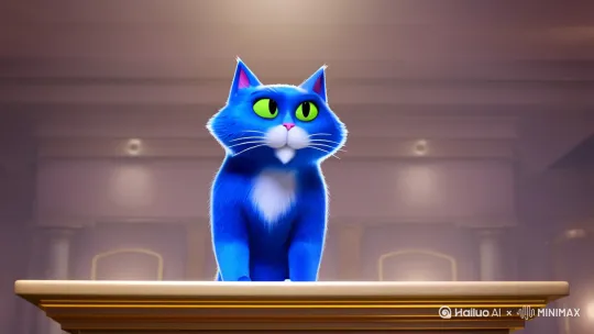 一只蓝色猫咪站在讲台上演讲 by Hailuo AI Video Generator