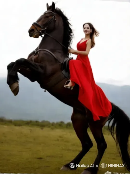 一个漂亮女人，在呼伦贝尔大草原上，骑着一匹棕色骏马，全景在阳光明媚照辉下，草在动河水流动，他长发飘飘五官骏美，身穿红礼服高鼻梁水汪汪大眼睛能看见睫毛跳动，长裙随风飘动，[推进,上升]马全身棕毛尾巴被风动，32K超高清画质，超广角镜头电影质感动态视频，镜头从远拉近跟拍，马四肢拼命奔跑，120帧[推进,上升] by Hailuo AI Video Generator