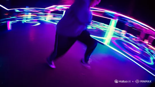 穿oversize卫衣的舞者做powermove旋转，鱼眼镜头扭曲变形，霓虹灯管在地面投射赛博朋克光纹，发丝和衣摆有动态模糊，画面右下1/3留白用于加歌词字幕 -ar 9:16" by Hailuo AI Video Generator