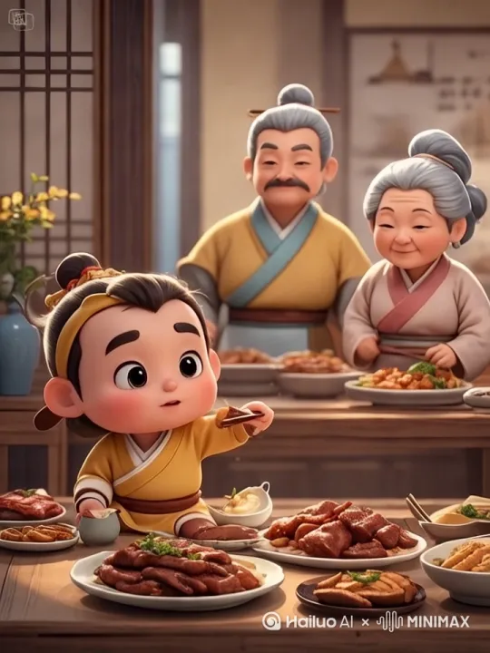 小男孩大口大口的吃饭，爷爷奶奶微笑[推进] by Hailuo AI Video Generator