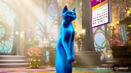 一只蓝色站立着猫指着日历5月1日 by Hailuo AI Video Generator