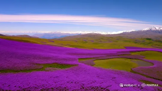 时间：傍晚17:20
场景：海拔3000米亚高山草甸
画面：航拍镜头横向掠过紫色报春花海，逐渐下降至地面高度，跟拍藏羚羊群跃过溪流。夕阳将动物剪影投射在经幡飘扬的玛尼堆
运镜：航拍掠飞+地面跟拍
音效：悠远的鹰啸与风马旗抖动声 by Hailuo AI Video Generator