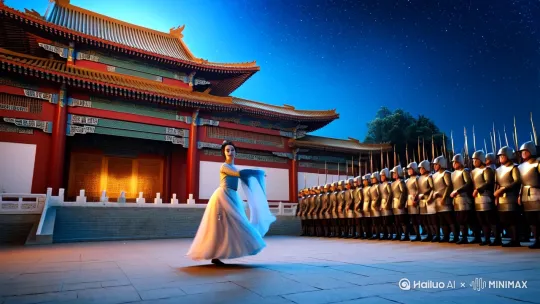 一位身着古装的美女在唐代建筑物前跳舞建筑物上方是银河星空在建筑物前有整齐的士兵方队士兵方队前有龙车上的皇帝 by Hailuo AI Video Generator