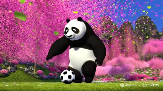 大熊猫在花瓣飞舞的地方踢足球，音乐伴奏真的爱你 by Hailuo AI Video Generator