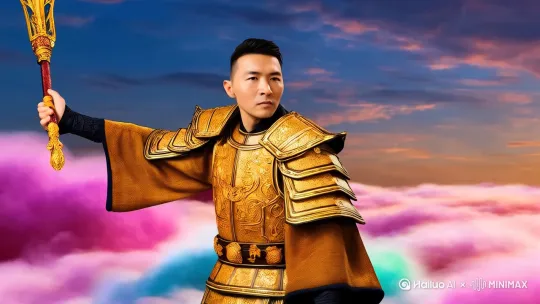 人物身穿齐天大圣黄金甲拿着金箍棒  在五彩云朵中飞行  by Hailuo AI Video Generator