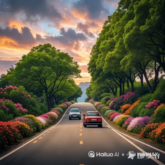 [推出,上升,下摇][推出,上升,下摇][推进]一条起伏的公路，两辆向前奔驰的小车顺着道路疾奔，路两旁种满大树往后面移动，绿荫如盖，各式炫彩的花，争芳斗艳，远天上，云蒸霞蔚，绮丽如幻 by Hailuo AI Video Generator