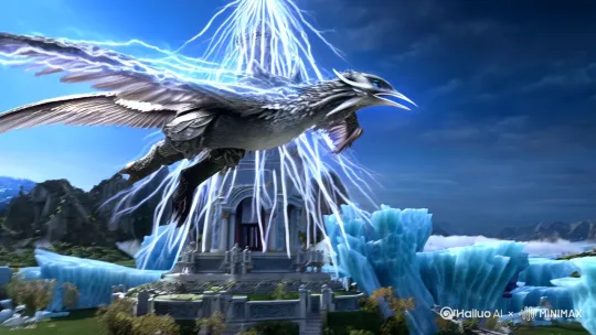 中国古代《山海经》中的神话生物，超现实，危月燕，双翼挥斩掀起冰风暴，燕喙尖啸撕裂云层，银甲反射月华如万箭齐发，尾羽扫过之处冰川崩裂。背景为坍塌的星宿祭坛，冷蓝极光与银白闪电交织。写实摄影风格、奇幻艺术美学、电影灯光、中国怪诞美学、浪漫风景、细线条、虚幻引擎渲染、空灵渲染、仙境背景、自然光，8K，精致的细节，美丽的灯光效果，梦幻引擎。 by Hailuo AI Video Generator