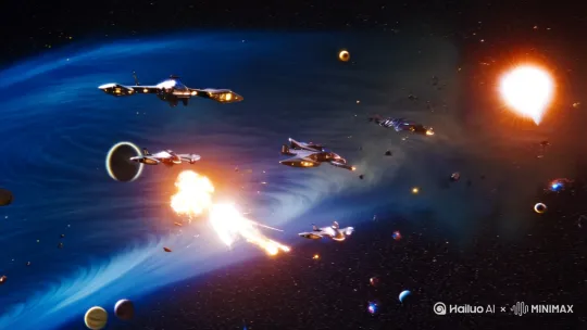 宇宙中外星飞船在对战，背景伴随着星球与爆炸 by Hailuo AI Video Generator