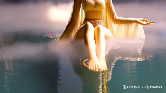 场景3：神女显形·惊鸿一瞥**  
**镜头**：慢镜头升格（120帧）  
**画面**：水雾凝结成宓妃形体，金丝步摇随云鬓轻颤，鲛绡广袖拂过水面绽开莲纹。特写纤足点水不湿，珍珠腰链折射虹光。  
**声音**：编钟清脆声响突然停滞，仅留呼吸声被放大  
**光影**：逆光勾勒金色轮廓，面部笼罩柔光滤镜 by Hailuo AI Video Generator