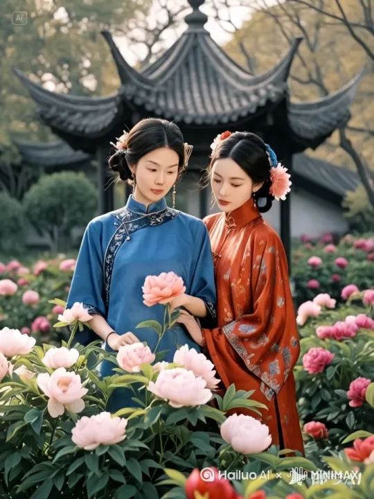 [上升]蓝衣女人低头嗅花，[变焦推进]两人相视一笑 by Hailuo AI Video Generator