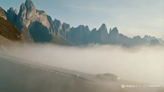 汽车行驶在云雾缭绕的山间 by Hailuo AI Video Generator