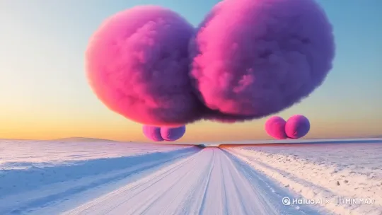 一个梦幻般的冬日景象。一条被雪覆盖的道路,在广阔的雪地中无限延伸,宁静而孤独。巨大的粉色的心形云朵坐落在道路上,散发着粉红色和紫色的光芒,仿佛是夕阳或日出的光辉穿透云层,浪漫和梦幻的氛围。与周围的天空融合,整个场景色调温暖而柔和,让人联想到爱情和希望的主题。 by Hailuo AI Video Generator