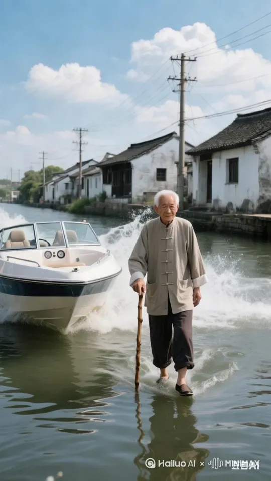 跟踪拍摄，老爷爷正佝偻的走在路上，身后的快艇快速驶来，就在快艇快撞上老爷爷时，老爷爷突然拐棍撑地，身体腾空而起空翻跳上快艇!镜头固定，动态移动。

模型
12V-01 by Hailuo AI Video Generator