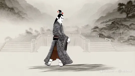 帮我生成一个水墨画风的李存勖梨园唱戏的2D30s动画 by Hailuo AI Video Generator