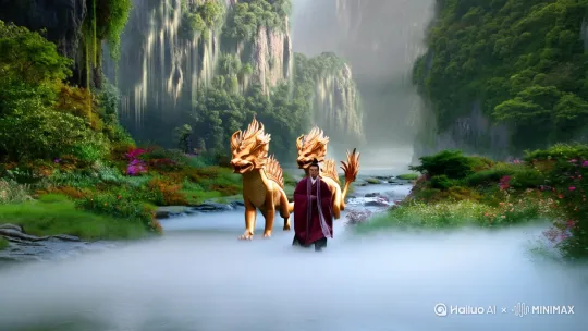 749局，一名道人，手牵麒麟，在山谷走过 by Hailuo AI Video Generator