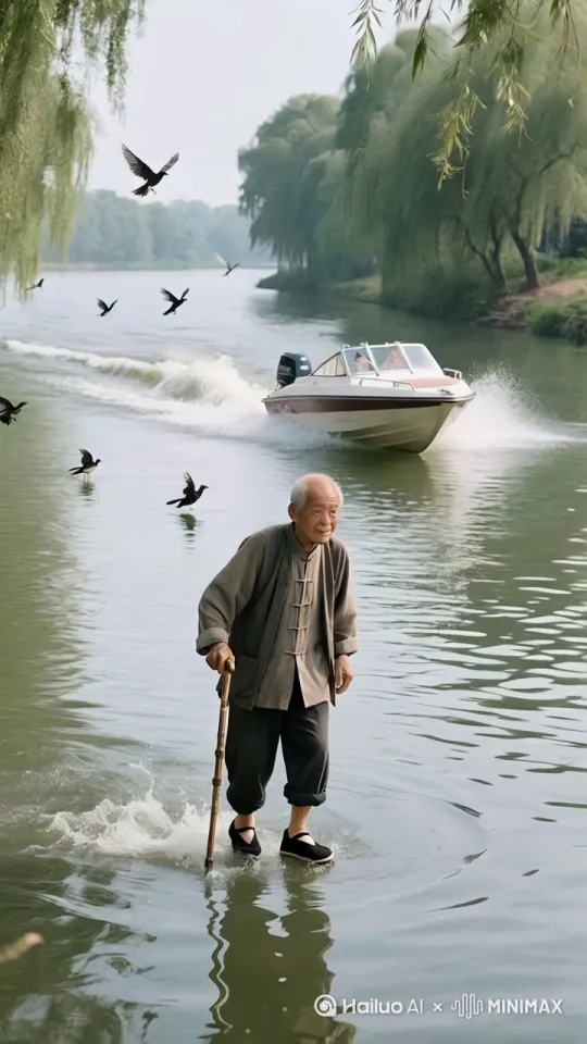 跟踪拍摄，老爷爷正佝偻着走在路上，身后的快艇快速驶来，老爷爷突然拐棍撑地，身体腾空而起，后空翻跳上快艇，镜头固定，动态移动 by Hailuo AI Video Generator